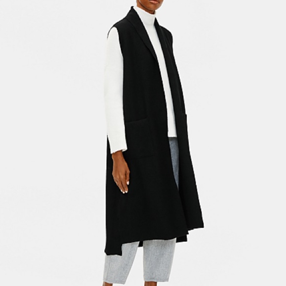Eileen Fisher Long Boiled Wool Black Sleeveless Duster Vest Jacket